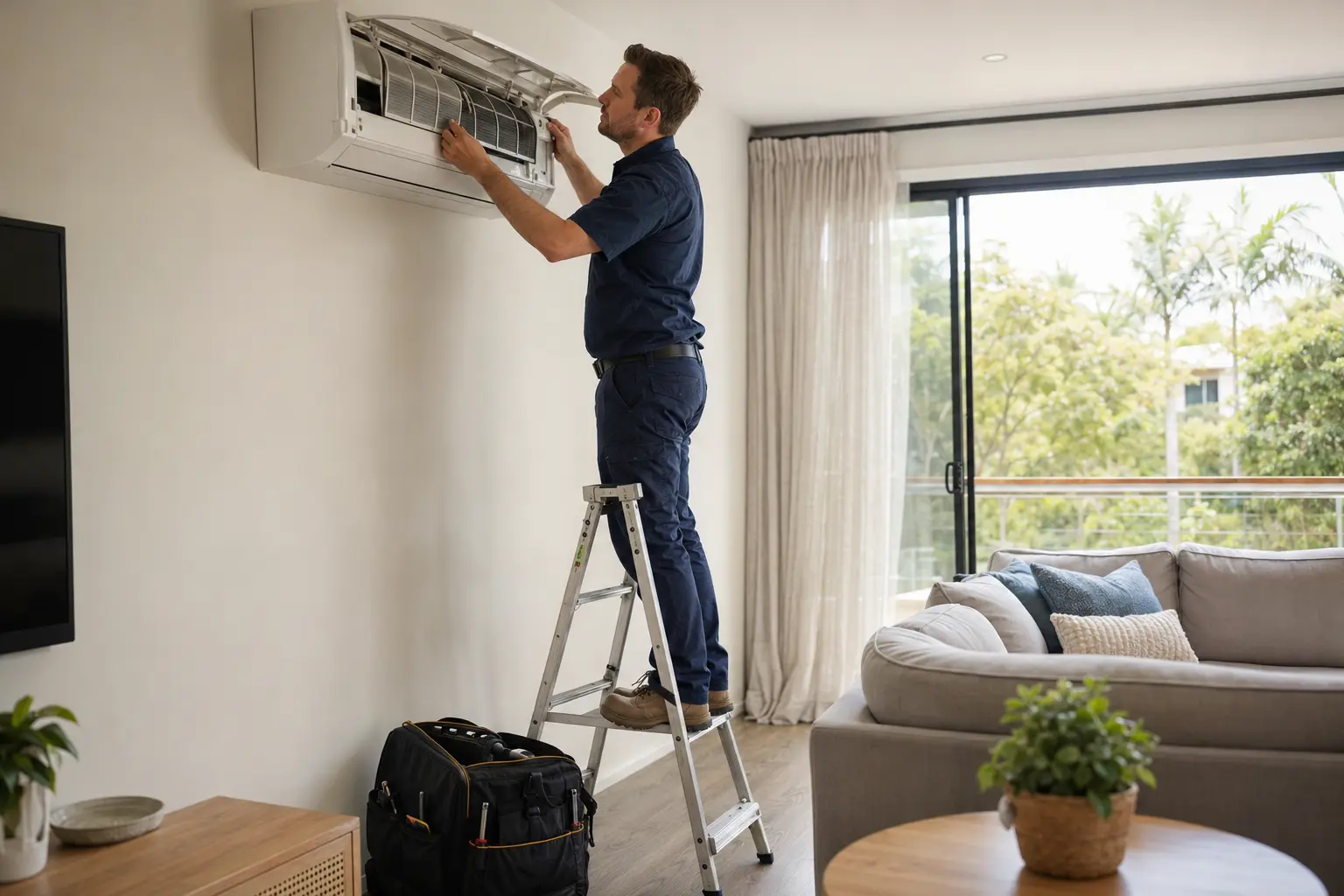 Air conditioning technician servicing a wall-mounted split system in a Brisbane home