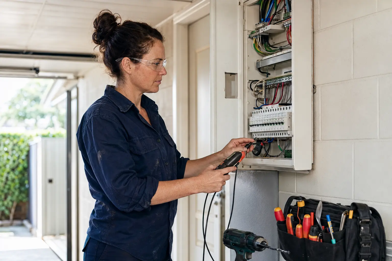 Residential electrician inspecting a home switchboard in Brisbane