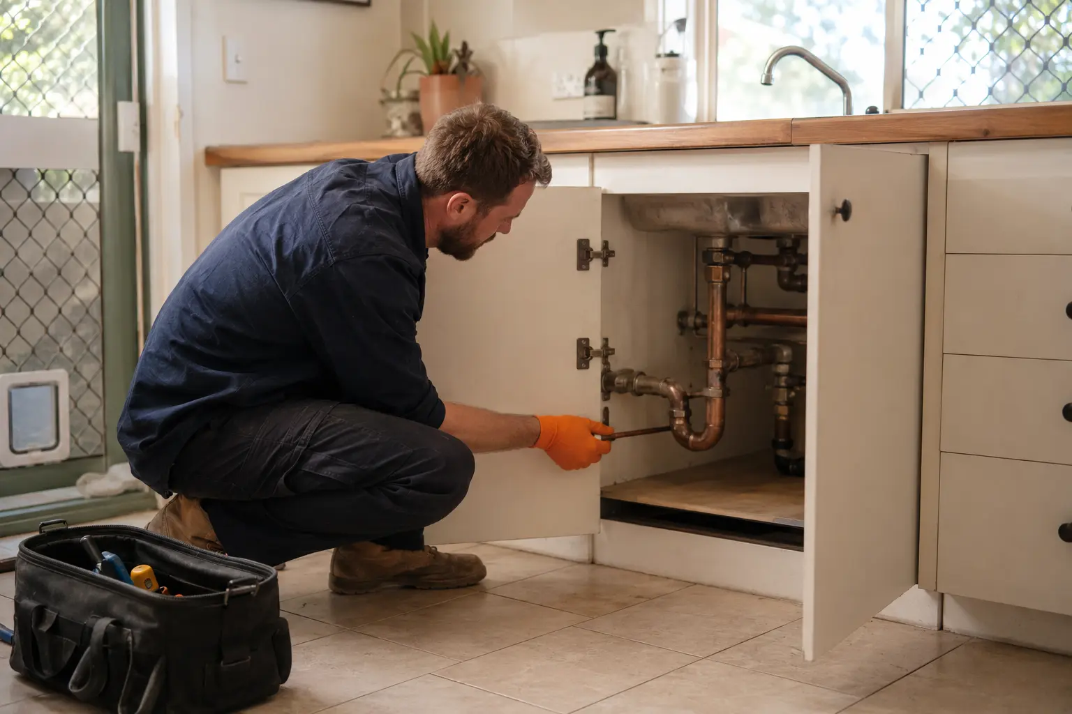 Residential plumber inspecting under-sink pipework in a Brisbane home